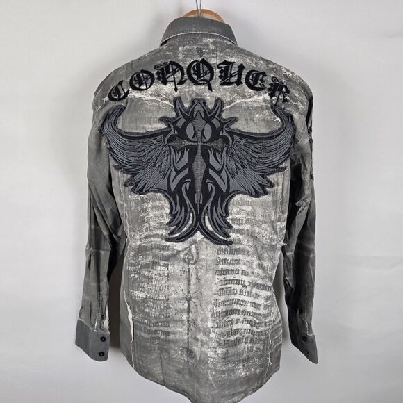 Roar Shirt Men's Small Bleached Gray Embordered Wings Conquer Y2K Button Down - Picture 4 of 16